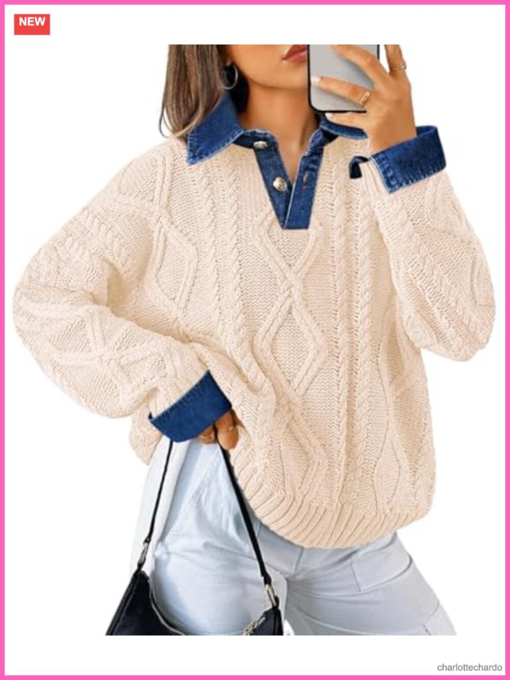 Womens Cable Knit Sweater Denim Polo Pullover Chunky V-Neck Long Sleeve